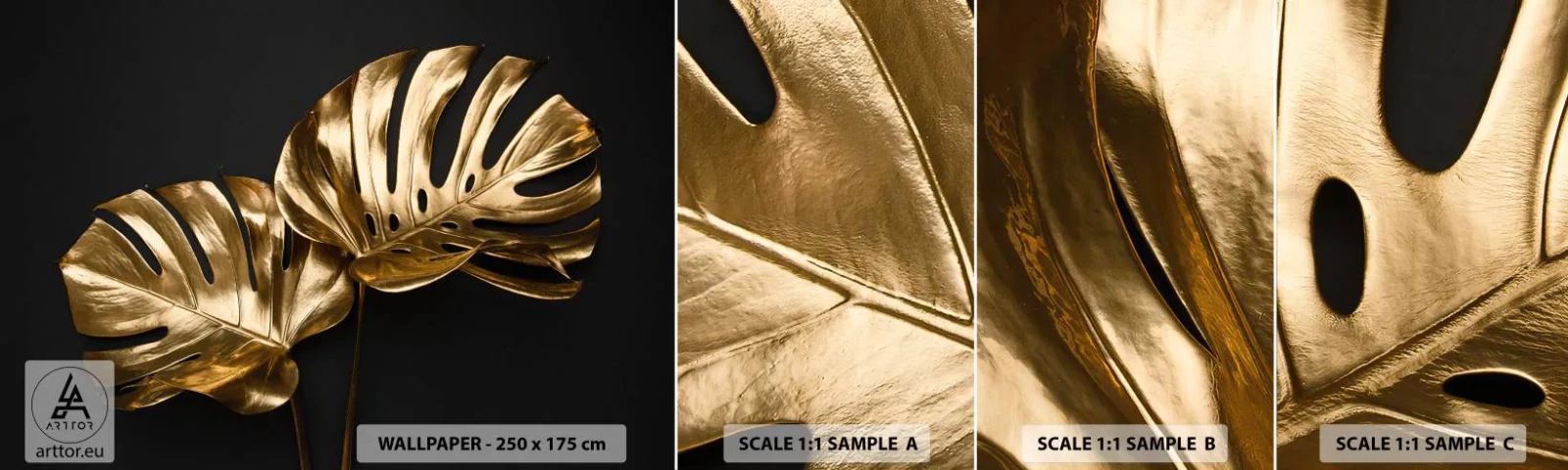Campione Di Fotomurale Standard Eco - I tesori della natura - Astrazione, Foglie dorate, Foglia di Monstera - 100x30 cm