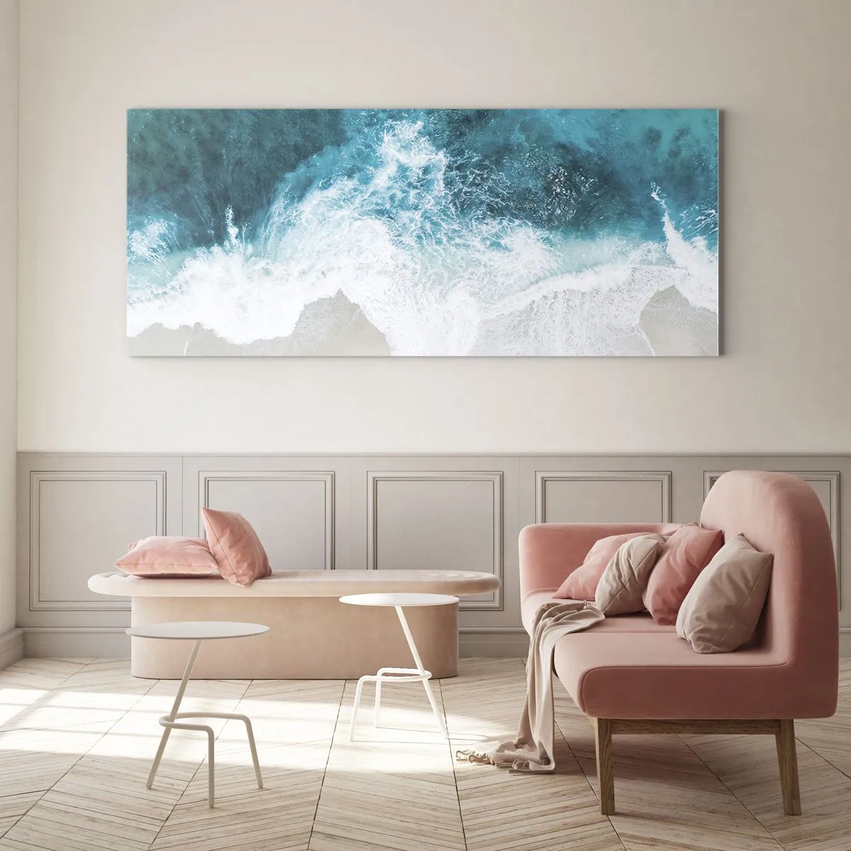 Quadro su vetro - Onde turchesi dell'oceano sulla sabbia chiara - 120x50cm - Morbidezza naturale - Decorazione murale moderna per soggiorno e camera da letto ARTTOR