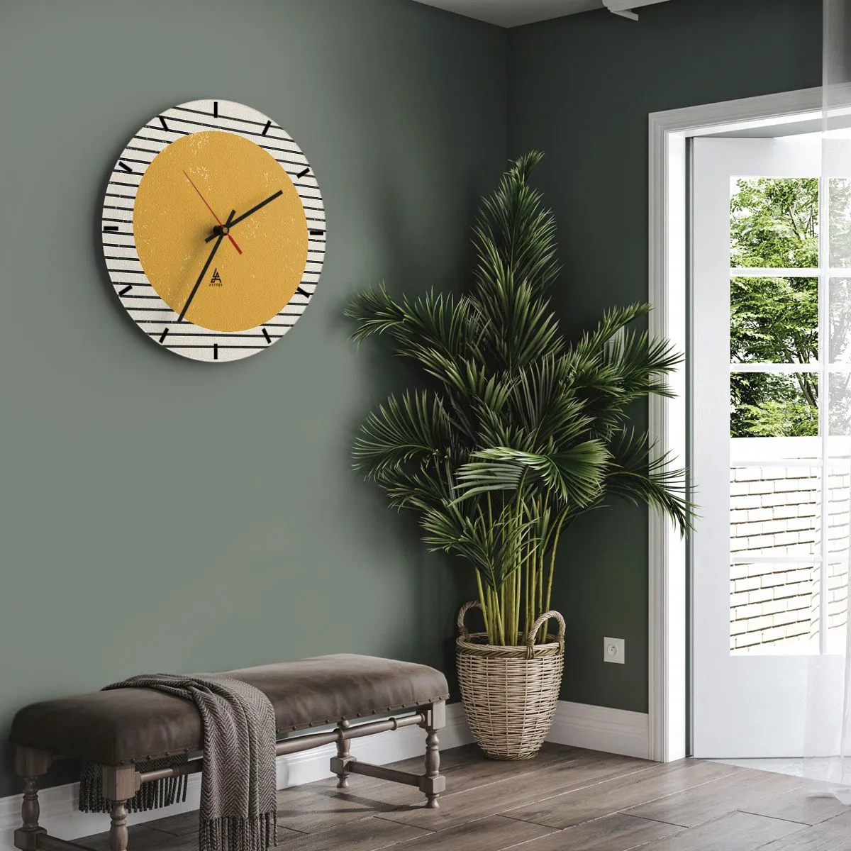 Orologio da parete - Orologio in Vetro - Un cerchio arancione su uno sfondo di strisce bianche e nere - 30x30cm - La forza della semplicità - Decorazione murale moderna per soggiorno, cucina e camera da letto ARTTOR