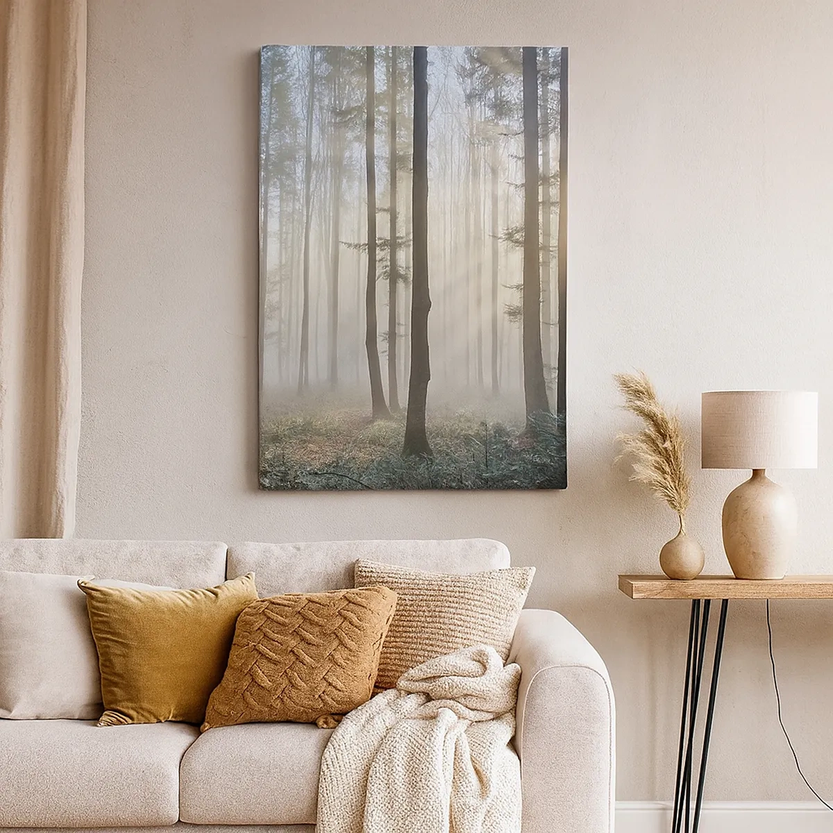 Quadro su tela - Stampe su Tela - Una foresta in una leggera nebbia con raggi di sole che brillano attraverso gli alberi - 50x70cm - Anche la nebbia si è svegliata - Decorazione murale moderna per soggiorno e camera da letto ARTTOR