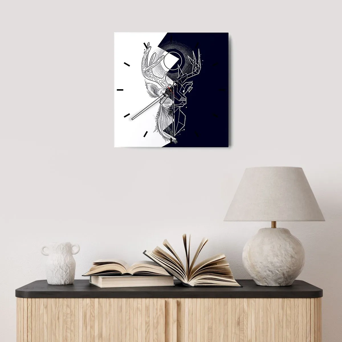 Orologio da parete - Orologio in Vetro - Geometria e natura in una composizione simbolica - 30x30cm - Lotta e unità degli opposti - Decorazione murale moderna per soggiorno e camera da letto ARTTOR