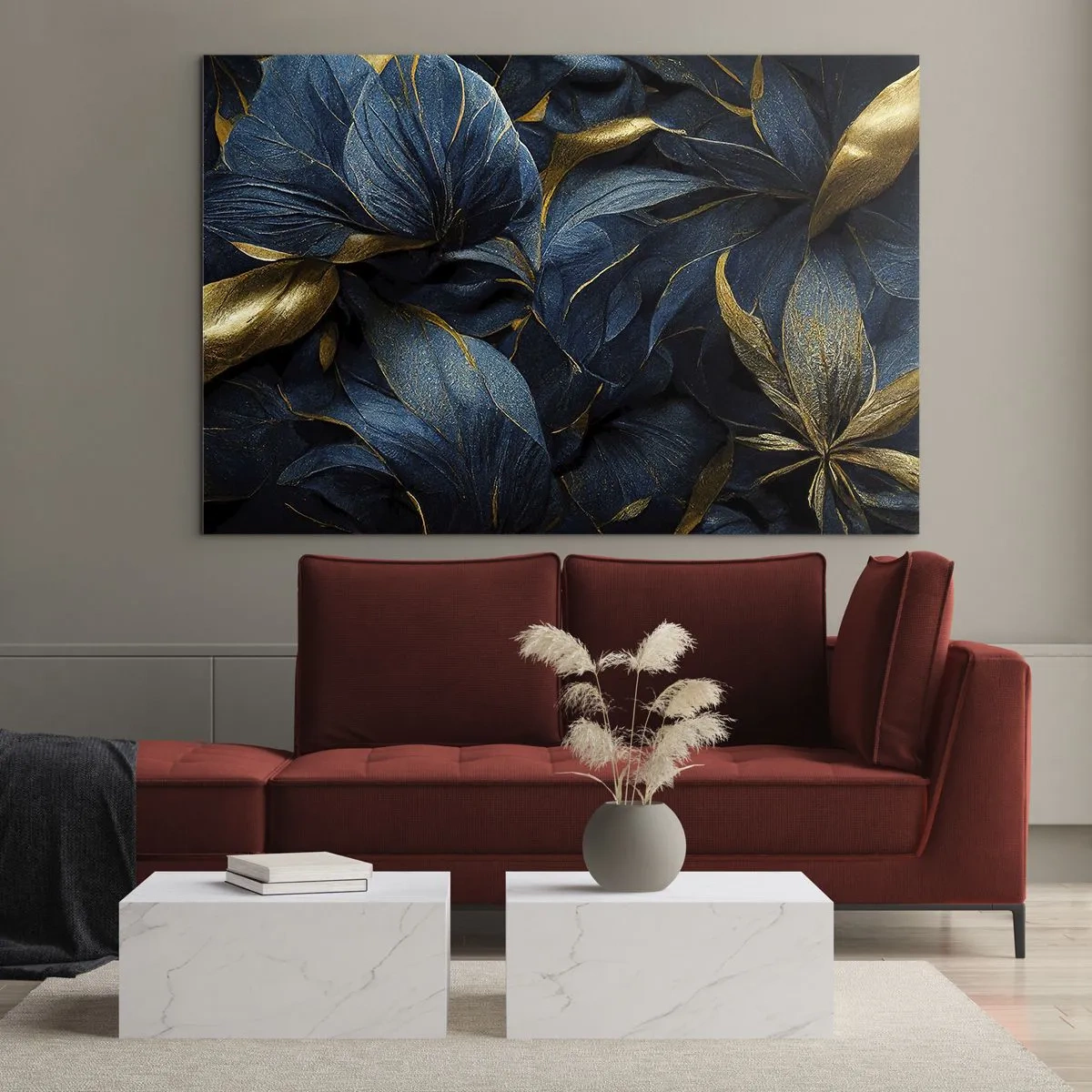 Quadro su vetro - Foglie blu scuro con sottili accenti dorati - 70x50cm - Foderati d'oro - Decorazione murale moderna per soggiorno e camera da letto ARTTOR
