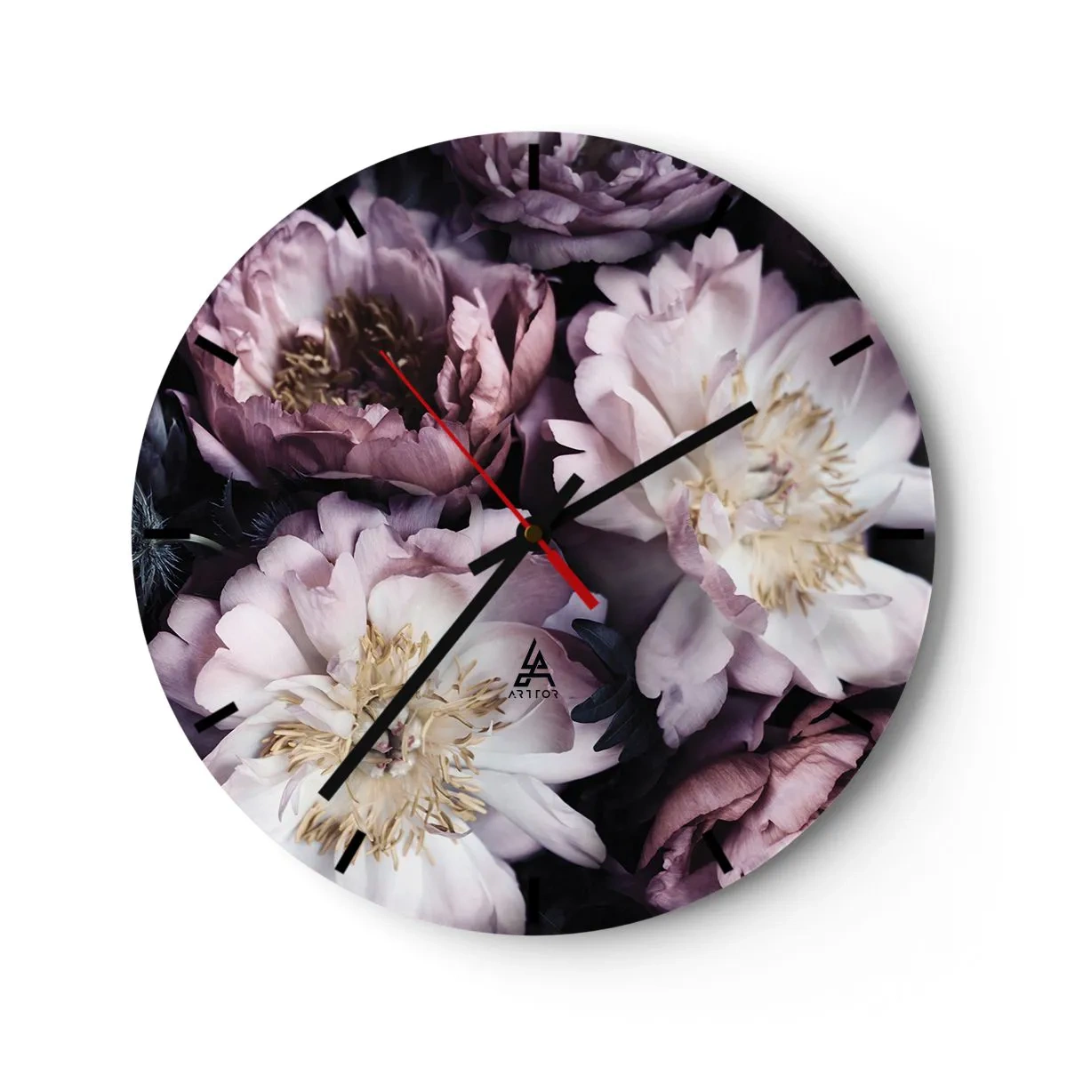 Orologio da parete - Orologio in Vetro - Peonie rosa e crema in una composizione densa e ombreggiata - 30x30cm - Bouquet nel vecchio stile - Decorazione murale moderna per soggiorno, cucina e camera da letto ARTTOR