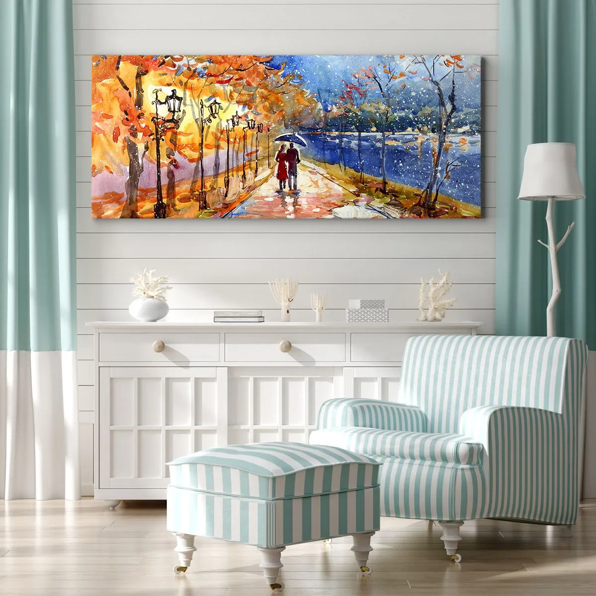 Quadro su tela - Stampe su Tela - Una passeggiata autunnale nel parco sulla riva del fiume sotto l'ombrellone - 120x50cm - Insieme fino ai confini del tempo - Decorazione murale moderna per soggiorno e camera da letto ARTTOR