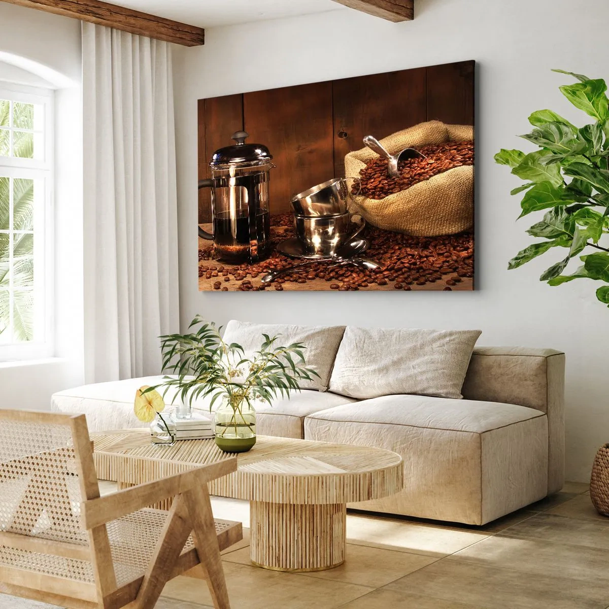 Quadro su tela - Stampe su Tela - French press, tazze e una busta di caffè su uno sfondo di legno - 70x50cm - Magia del caffè: aroma e sapore - Decorazione murale moderna per soggiorno e camera da letto ARTTOR