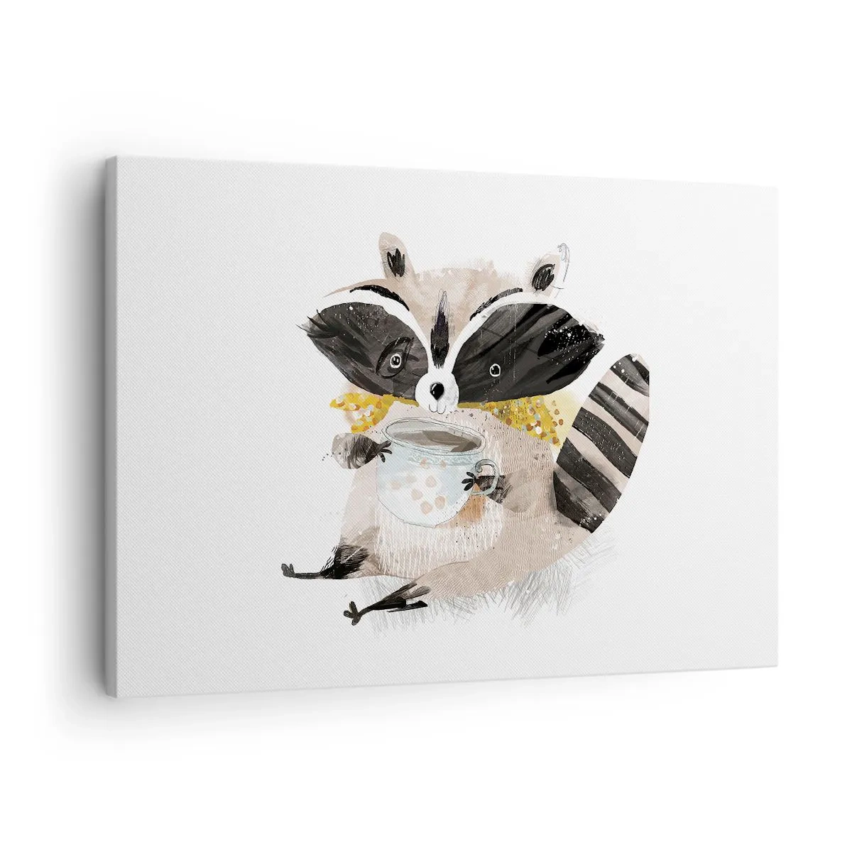 Quadro su tela - Stampe su Tela - Adorabile procione che tiene in mano una tazza color pastello - 70x50cm - Il mio amico procione - Decorazione murale moderna per soggiorno e camera da letto ARTTOR