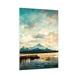 Quadro su vetro - Paesaggio invernale con montagne e un lago ghiacciato - 50x70cm - Sotto la protezione del cielo - Decorazione murale moderna per soggiorno e camera da letto ARTTOR