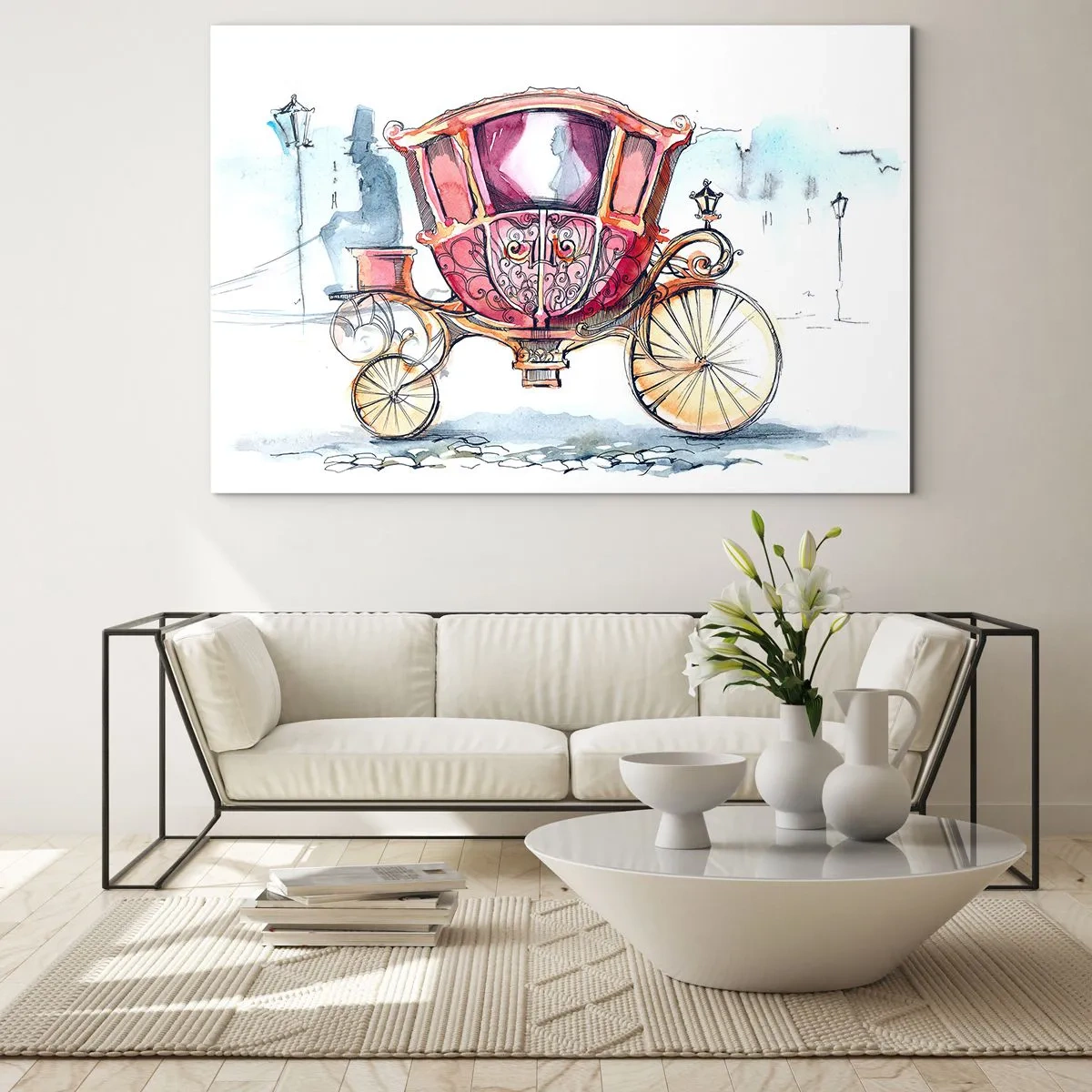 Quadro su vetro - Un'elegante carrozza in stile acquerello su uno sfondo di strada - 100x70cm - Al matrimonio o al ballo? - Decorazione murale moderna per soggiorno e camera da letto ARTTOR