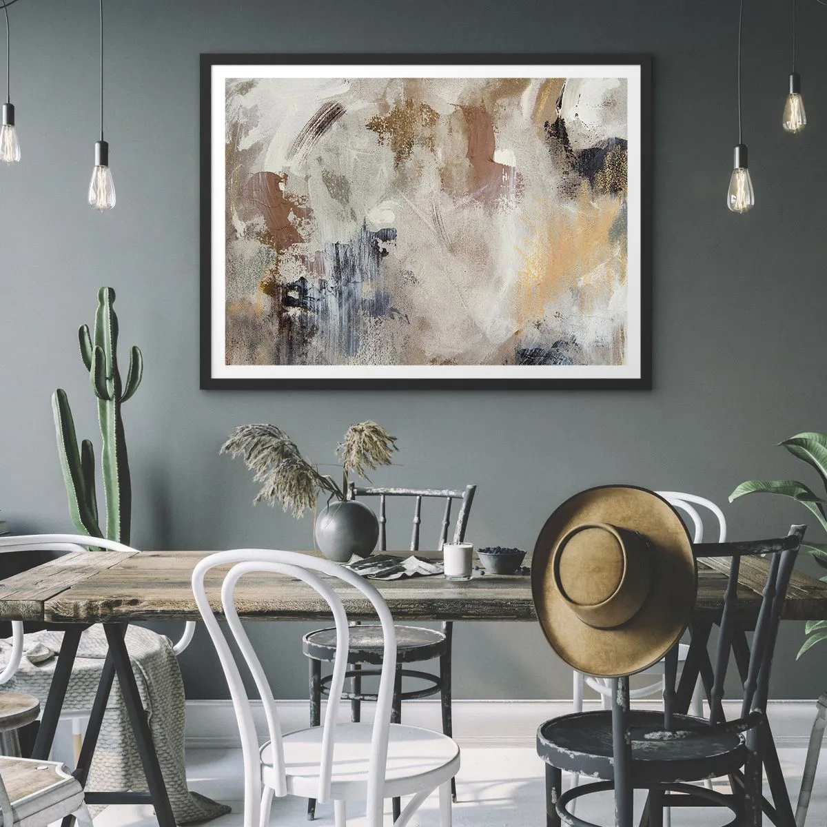 Poster in cornice nera - Macchie astratte in tonalità tenui di beige e oro - 70x50cm - Astrazione annebbiata - Decorazione murale moderna per soggiorno e camera da letto ARTTOR