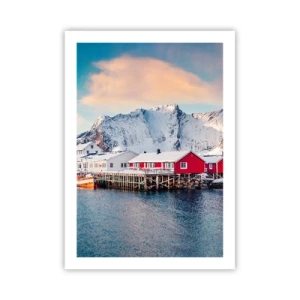 Poster - Case scandinave sullo sfondo di montagne innevate e acque calme - 50x70cm - Atmosfera del nord - Decorazione murale moderna per soggiorno e camera da letto ARTTOR
