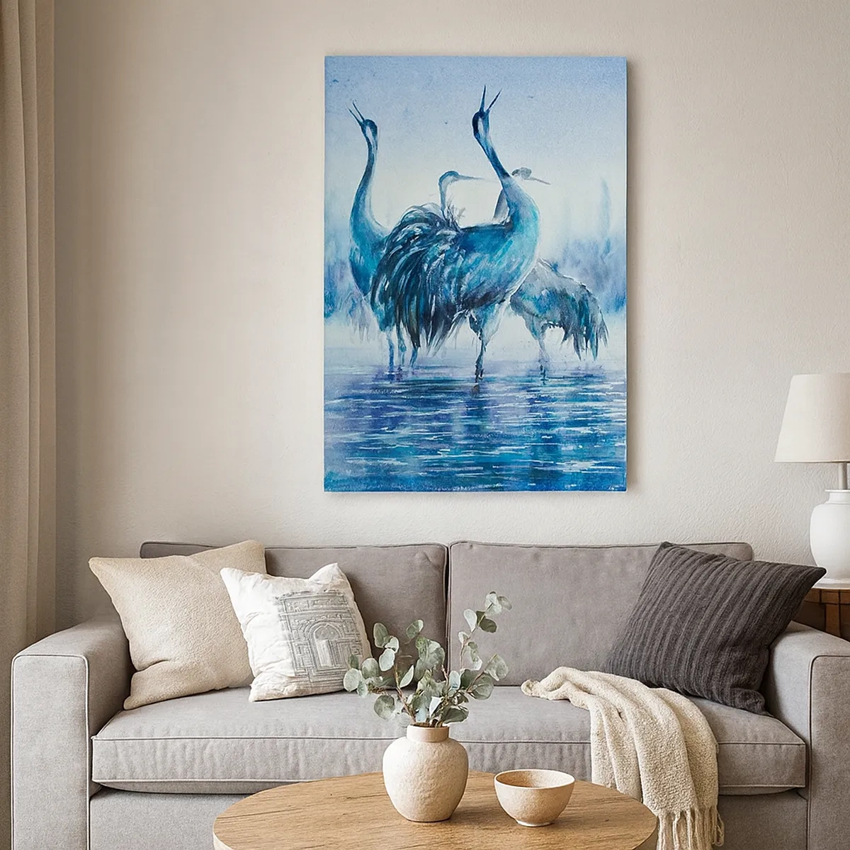 Quadro su tela - Stampe su Tela - Gru sullo sfondo di nebbia e acqua nei toni del blu - 50x70cm - Incontro mattutino - Decorazione murale moderna per soggiorno e camera da letto ARTTOR