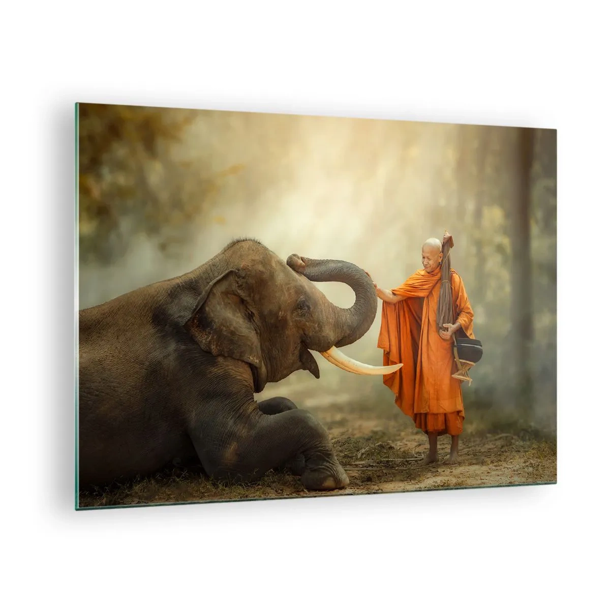 Quadro su vetro - Un monaco in abiti arancioni con un elefante in un ambiente naturale - 70x50cm - Incontro nel viaggio - Decorazione murale moderna per soggiorno e camera da letto ARTTOR