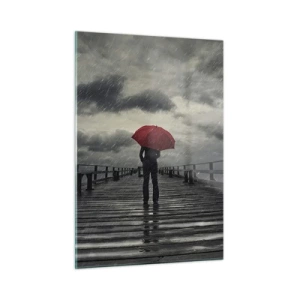 Quadro su vetro - Un uomo con un ombrello rosso su un molo di legno sotto la pioggia. - 50x70cm - Non importa che piove - Decorazione murale moderna per soggiorno e camera da letto ARTTOR