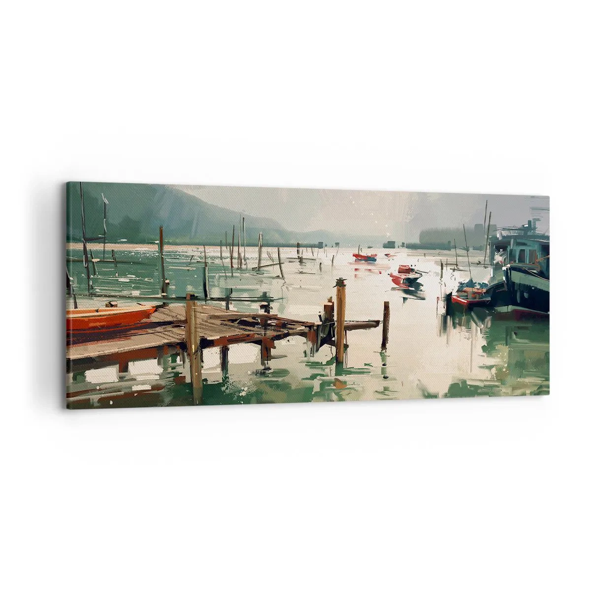 Quadro su tela - Stampe su Tela - Un pittoresco porto con barche in acque calme - 120x50cm - Imbevuto di luna fusa - Decorazione murale moderna per soggiorno e camera da letto ARTTOR