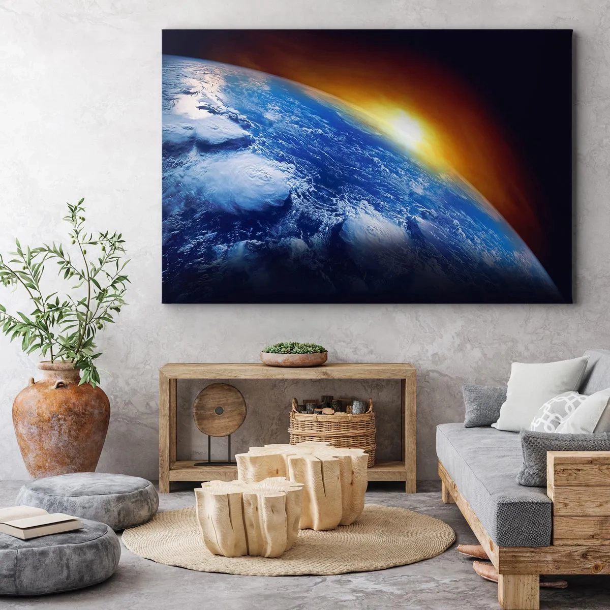 Quadro su tela - Stampe su Tela - Vista della Terra dallo spazio al tramonto - 70x50cm - L'alba sul pianeta azzurro - Decorazione murale moderna per soggiorno e camera da letto ARTTOR