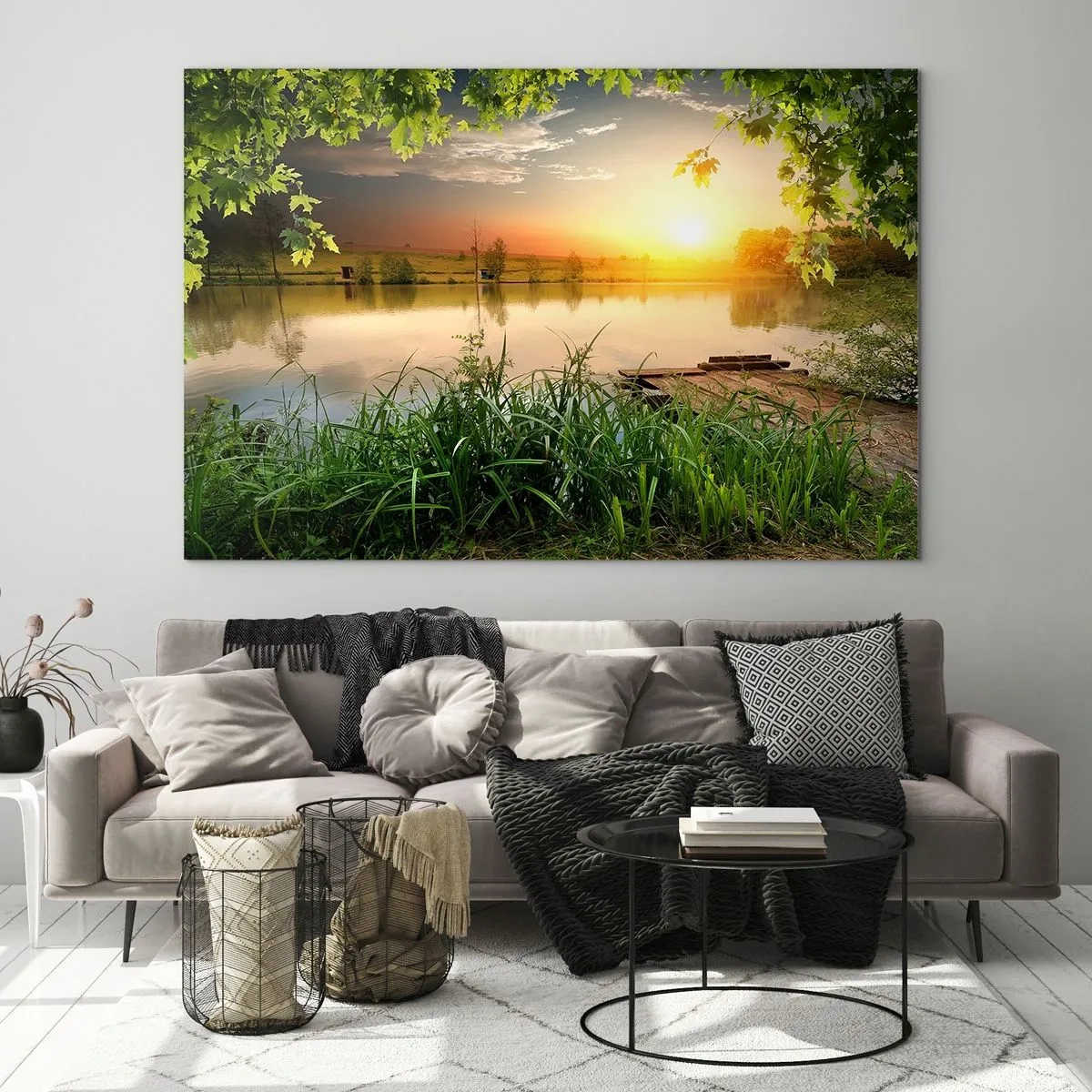 Quadro su vetro - Paesaggio con lago immerso nel verde al tramonto - 70x50cm - Paesaggio incorniciato di verde - Decorazione murale moderna per soggiorno e camera da letto ARTTOR