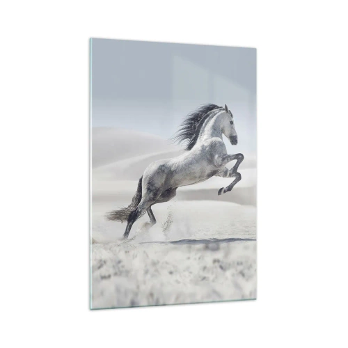 Quadro su vetro - Un cavallo bianco al galoppo sullo sfondo delle dune del deserto - 70x100cm - Il principe arabo - Decorazione murale moderna per soggiorno e camera da letto ARTTOR