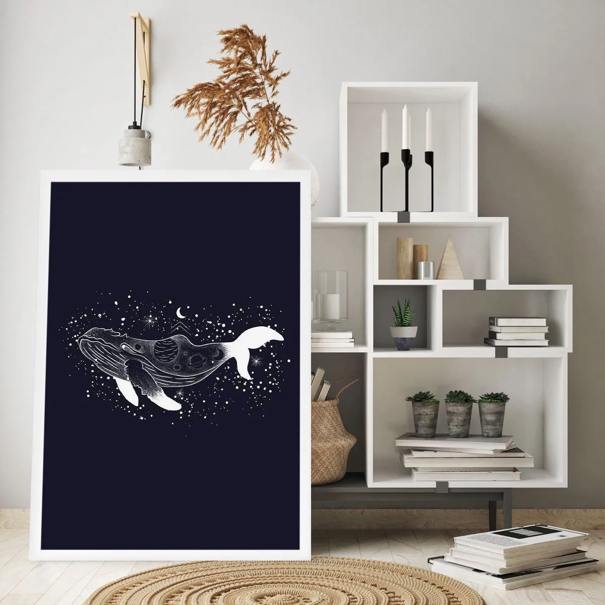 Poster - Una balena spaziale in stile grafico su sfondo nero - 50x70cm - Nell'oceano dell'universo - Decorazione murale moderna per soggiorno e camera da letto ARTTOR