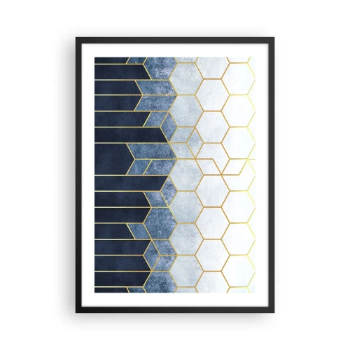 Poster in cornice nera - Composizione geometrica nei toni del blu navy e dell'oro con esagoni - 50x70cm - Composizione a ritmo sincopato - Decorazione murale moderna per soggiorno e camera da letto ARTTOR