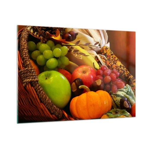 Quadro su vetro - Un cesto pieno di frutta e verdura in una composizione autunnale - 100x70cm - Cesta dell'abbondanza - Decorazione murale moderna per soggiorno e camera da letto ARTTOR