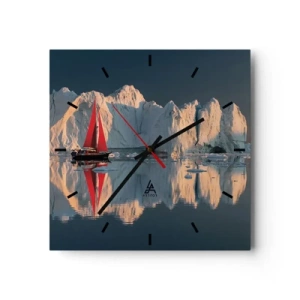 Orologio da parete - Orologio in Vetro - Una barca a vela con una vela rossa sullo sfondo di un ghiacciaio - 30x30cm - Ai confini del mondo - Decorazione murale moderna per soggiorno e camera da letto ARTTOR