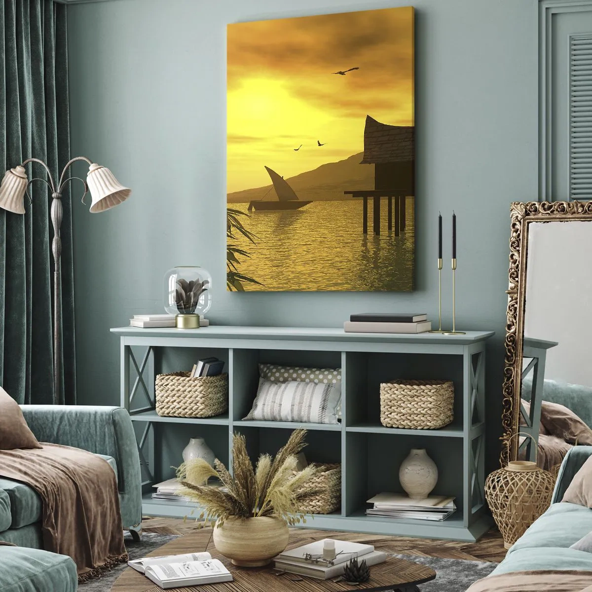 Quadro su tela - Stampe su Tela - Tramonto tropicale sull'acqua con casa in legno su palafitte. - 70x100cm - Calma desiderata - Decorazione murale moderna per soggiorno e camera da letto ARTTOR