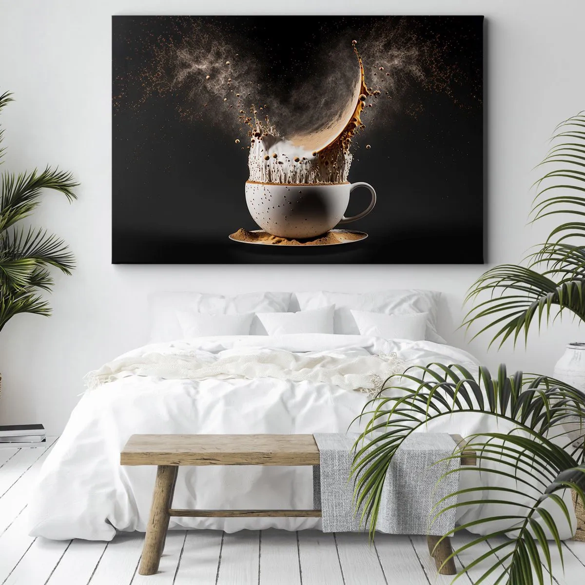 Quadro su tela - Stampe su Tela - Una tazza di caffè con un'esplosione dinamica di liquido su uno sfondo nero. - 120x80cm - Esplosione di sapore - Decorazione murale moderna per soggiorno e camera da letto ARTTOR