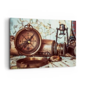 Quadro su tela - Stampe su Tela - Un set retrò con bussola, telescopio e mappa a tema viaggio - 120x80cm - Ti aspetta l'avventura dei pirati dei Caraibi - Decorazione murale moderna per soggiorno e camera da letto ARTTOR