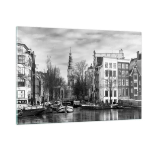 Quadro su vetro - Vista in bianco e nero di un canale di Amsterdam - 120x80cm - Atmosfera di Amsterdam - Decorazione murale moderna per soggiorno e camera da letto ARTTOR