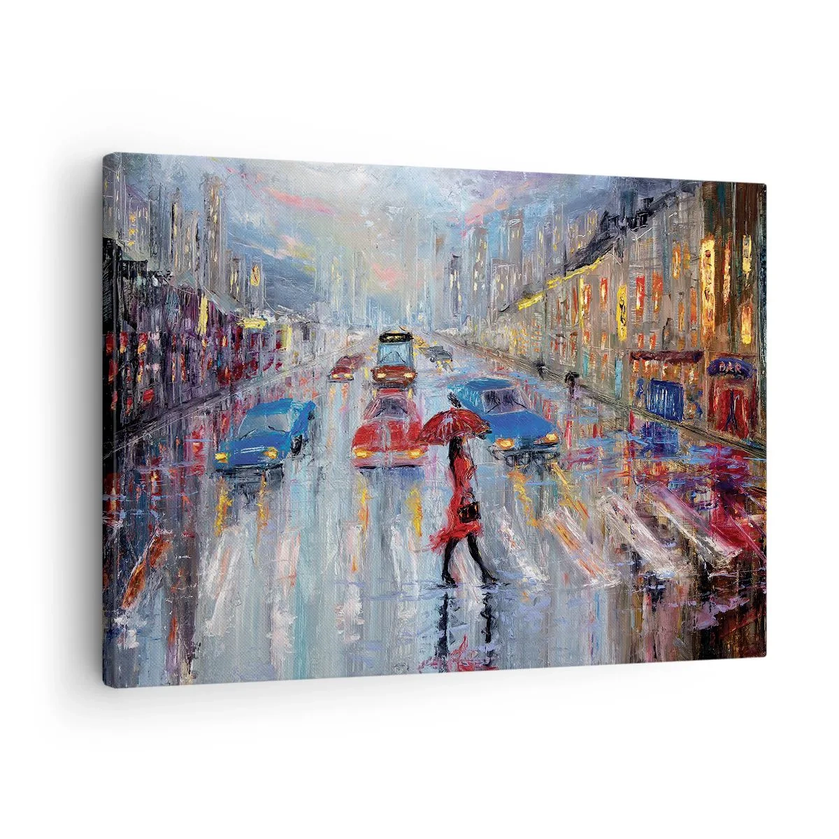 Quadro su tela - Stampe su Tela - Una donna con un ombrello in una strada piovosa, illuminata dalle luci al neon. - 70x50cm - Pomeriggio di pioggia in città - Decorazione murale moderna per soggiorno e camera da letto ARTTOR