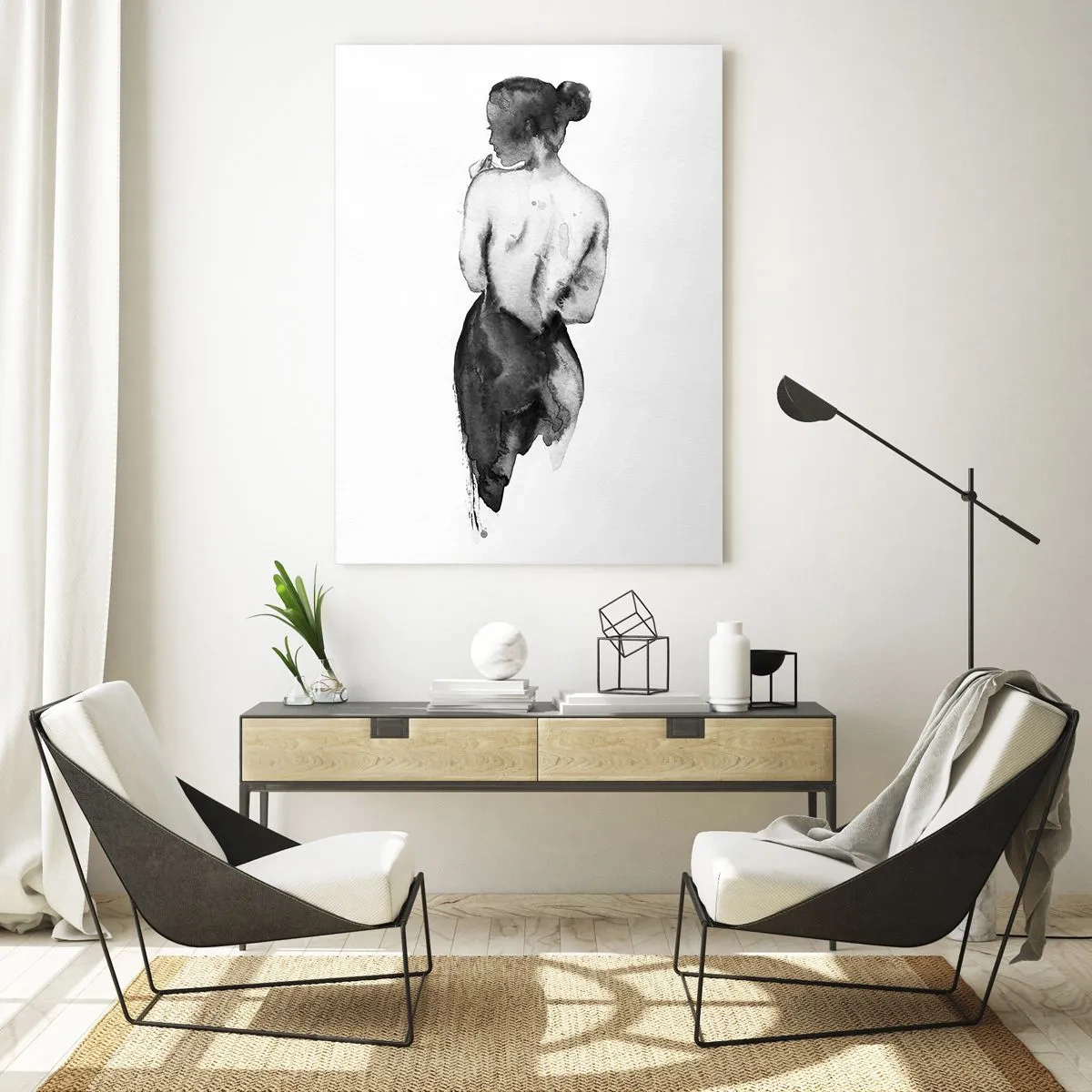 Quadro su vetro - Silhouette in bianco e nero di una donna in stile acquerello - 50x70cm - Accanto a lei il mondo scompare - Decorazione murale moderna per soggiorno e camera da letto ARTTOR