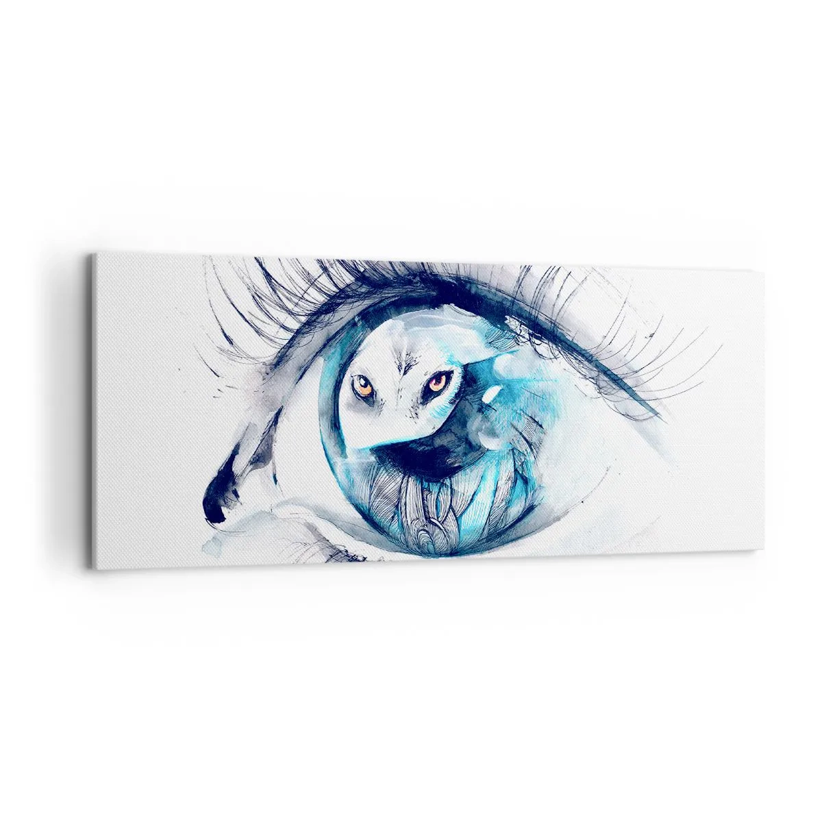 Quadro su tela - Stampe su Tela - Un occhio con l'immagine di un gufo in tonalità di blu acquerellate - 120x50cm - Faccia a faccia con la natura selvaggia - Decorazione murale moderna per soggiorno e camera da letto ARTTOR