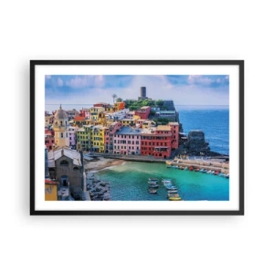 Poster in cornice nera - Una colorata città di mare con un porto pittoresco - 70x50cm - Magica cittadina mediterranea - Decorazione murale moderna per soggiorno e camera da letto ARTTOR