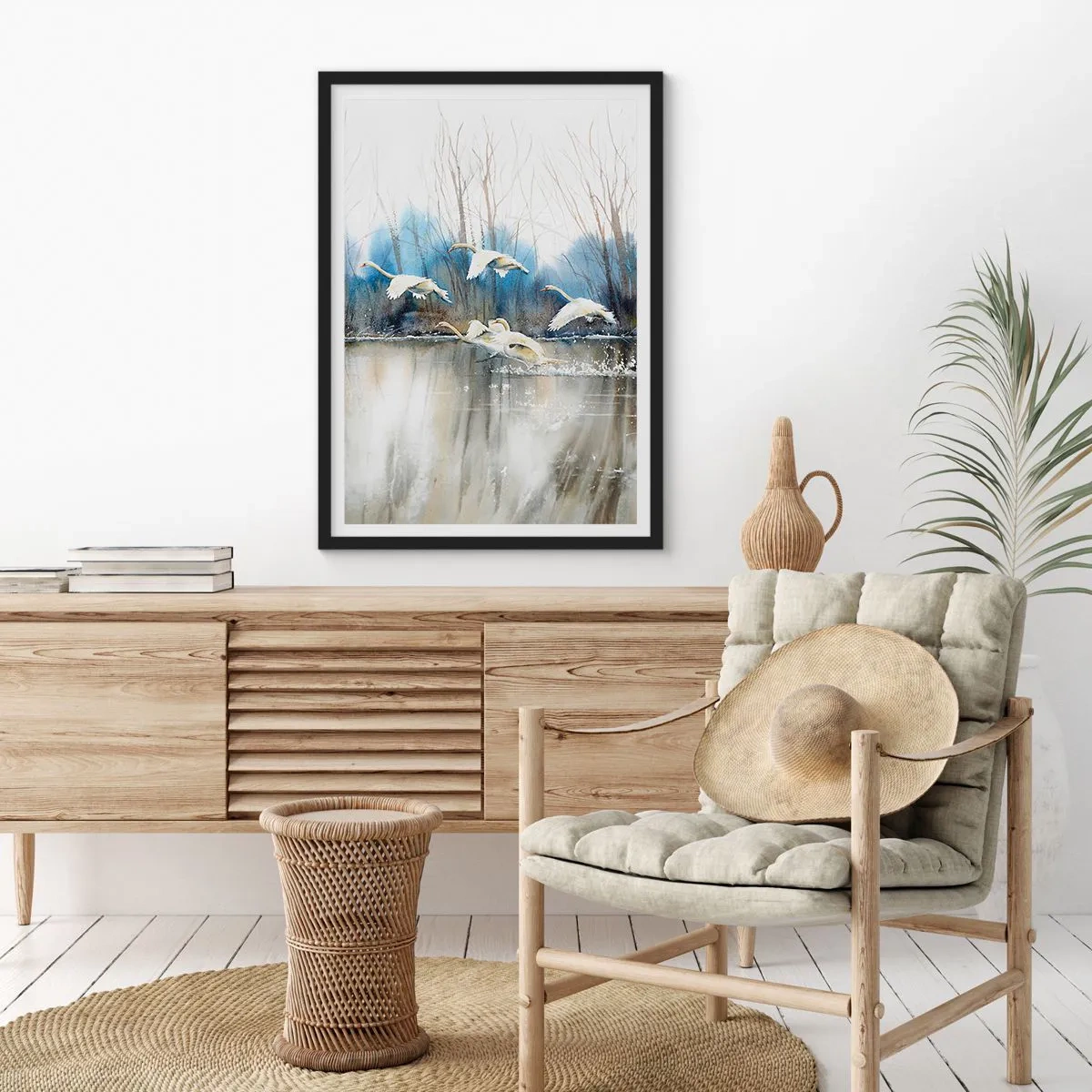 Poster in cornice nera - Uno stormo di cigni che fluttuano sull'acqua in stile pittorico - 50x70cm - Come la favola dei cigni selvatici - Decorazione murale moderna per soggiorno e camera da letto ARTTOR