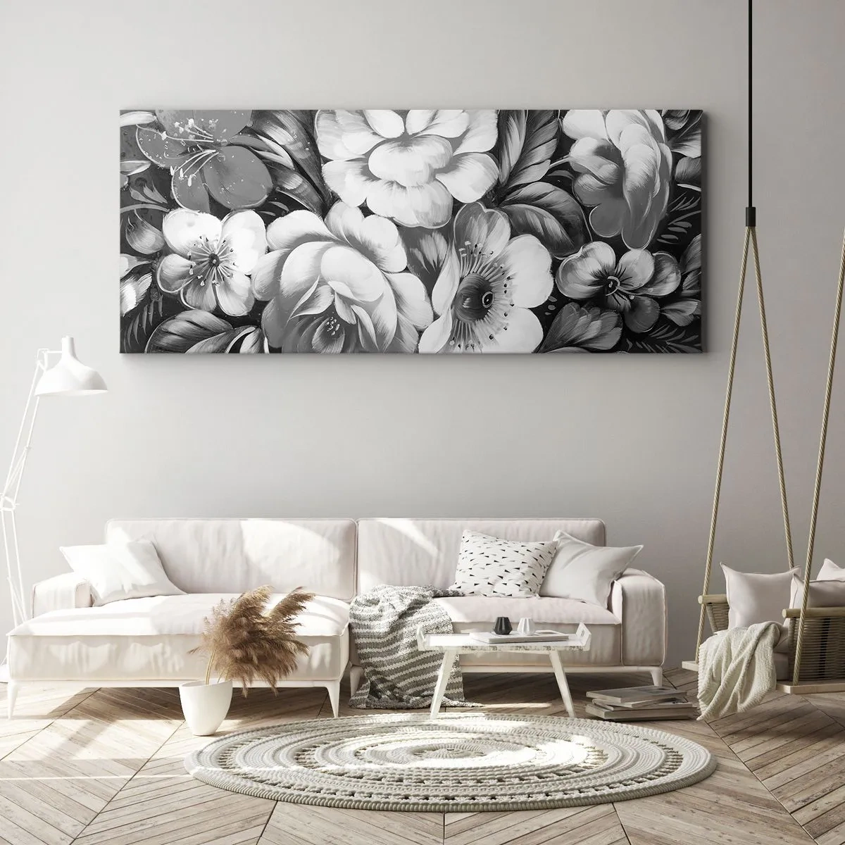 Quadro su tela - Stampe su Tela - Fiori bianchi e neri in una composizione classica ed elegante - 140x50cm - Belli anche in grigio - Decorazione murale moderna per soggiorno e camera da letto ARTTOR