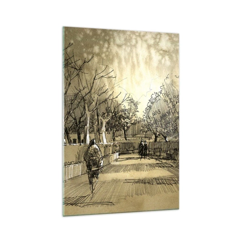 Quadro su vetro - Una scena di cartone animato di un parco con persone che camminano in toni caldi. - 70x100cm - Attimo fermato con la penna - Decorazione murale moderna per soggiorno e camera da letto ARTTOR