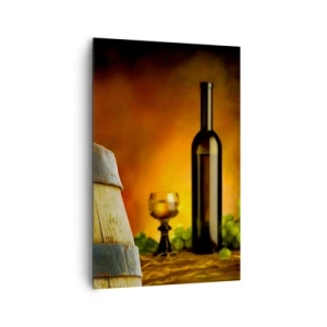 Quadro su tela - Stampe su Tela - Uva su una botte di vino con uno schema di colori caldi sullo sfondo - 80x120cm - Natura morta con bottiglia di vino e acini d'uva - Decorazione murale moderna per soggiorno e camera da letto ARTTOR