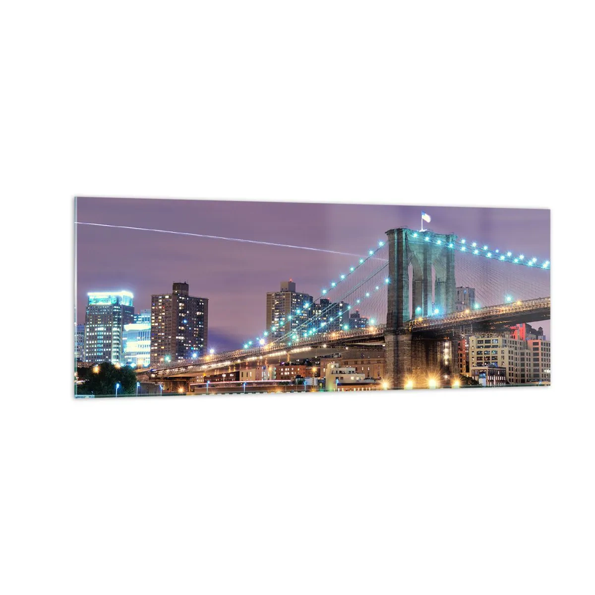 Quadro su vetro - Ponte di Brooklyn di notte con la città illuminata sullo sfondo - 140x50cm - Da tanti anni il ponte di Brooklyn - Decorazione murale moderna per soggiorno e camera da letto ARTTOR