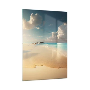 Quadro su vetro - Spiaggia dorata e mare turchese alla luce del sole mattutino - 50x70cm - Giornata ideale - Decorazione murale moderna per soggiorno e camera da letto ARTTOR