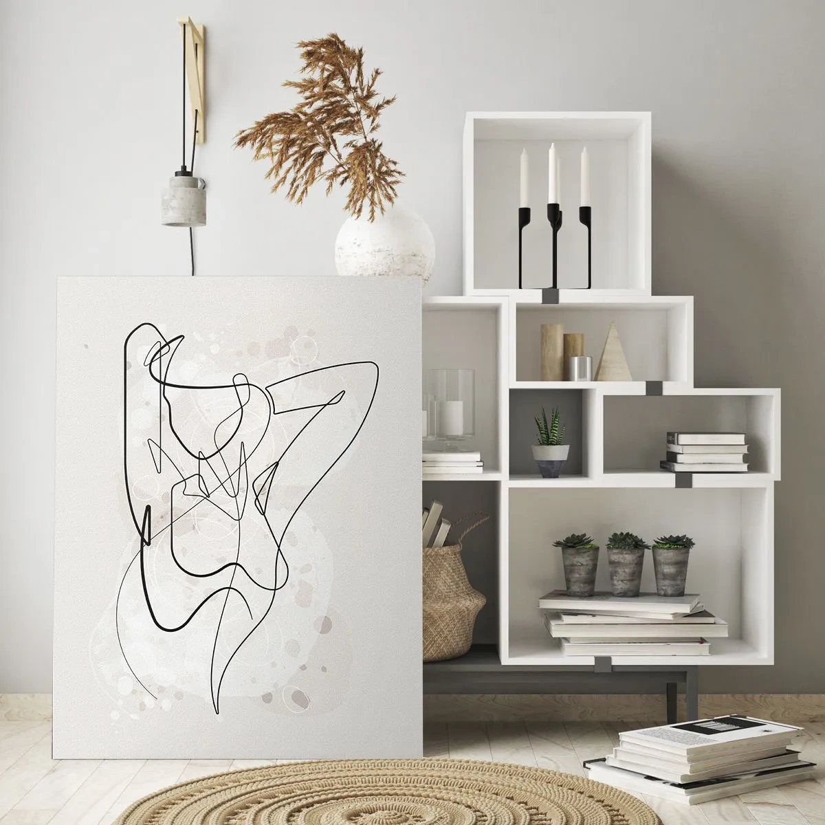 Quadro su vetro - Una silhouette femminile disegnata con una linea su uno sfondo chiaro - 50x70cm - L'arte della seduzione - Decorazione murale moderna per soggiorno e camera da letto ARTTOR