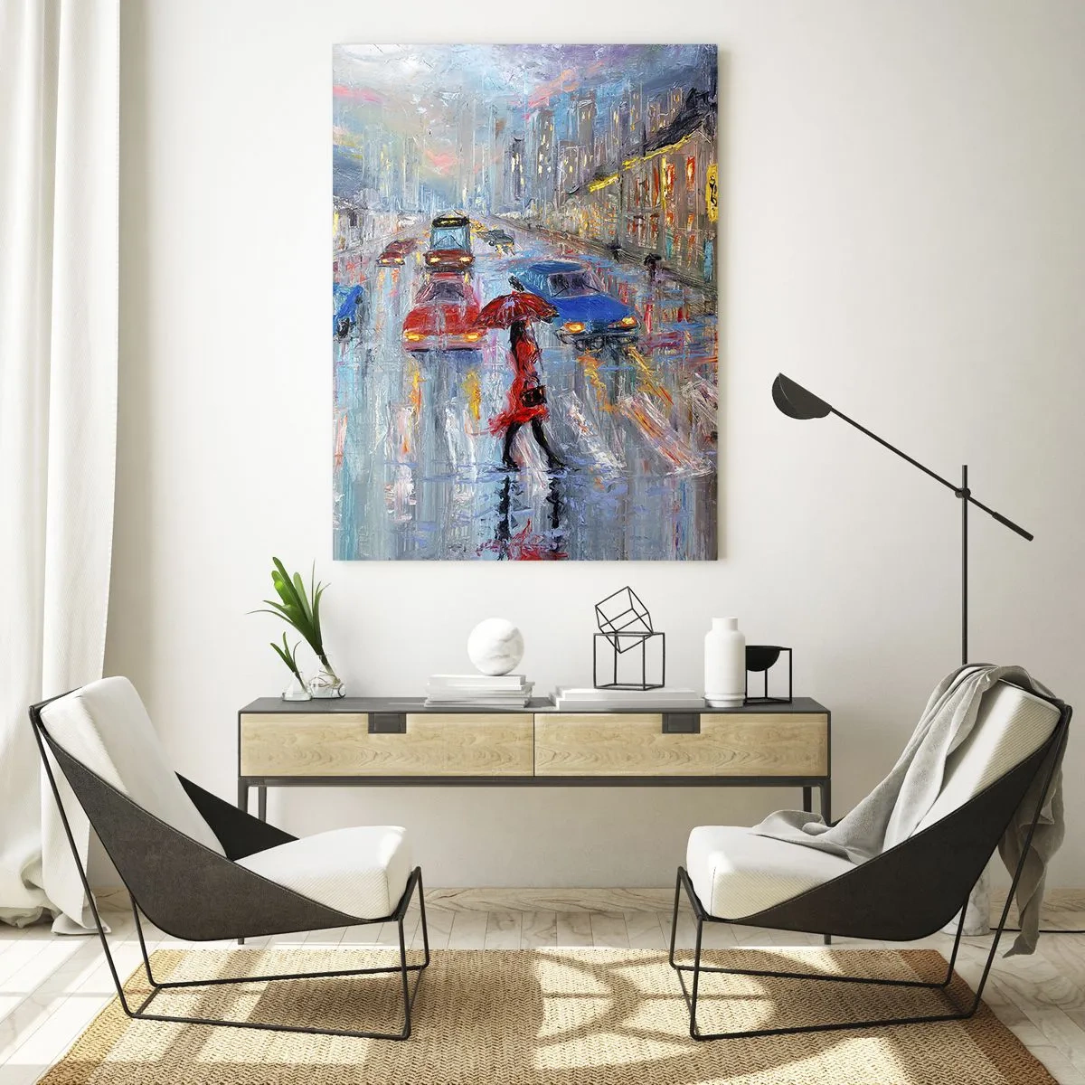 Quadro su vetro - Una donna con un ombrello in una strada piovosa, illuminata dalle luci al neon. - 70x100cm - Pomeriggio di pioggia in città - Decorazione murale moderna per soggiorno e camera da letto ARTTOR