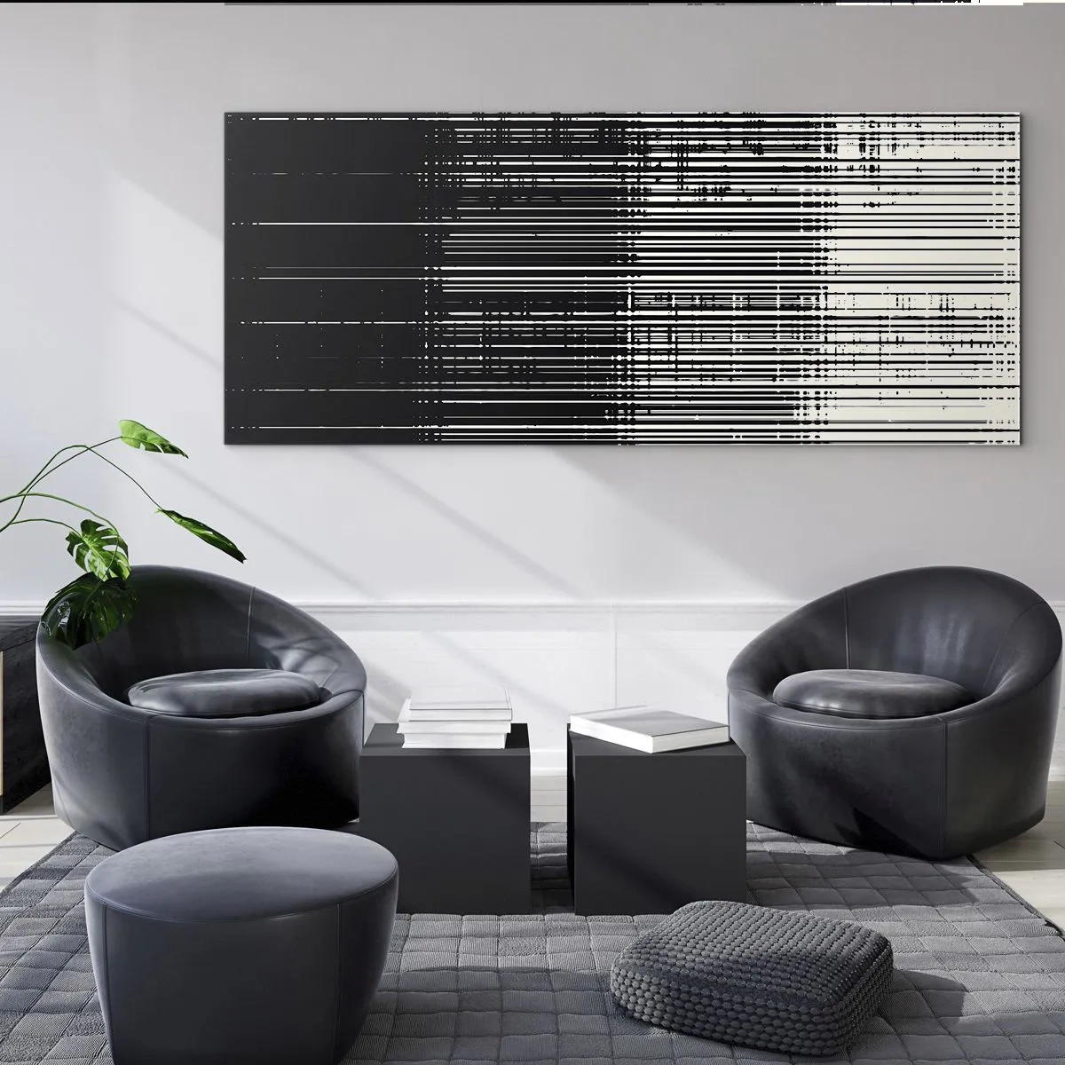 Quadro su vetro - Composizione astratta di linee in bianco e nero contrastanti - 160x50cm - Onde e vibrazioni - Decorazione murale moderna per soggiorno e camera da letto ARTTOR