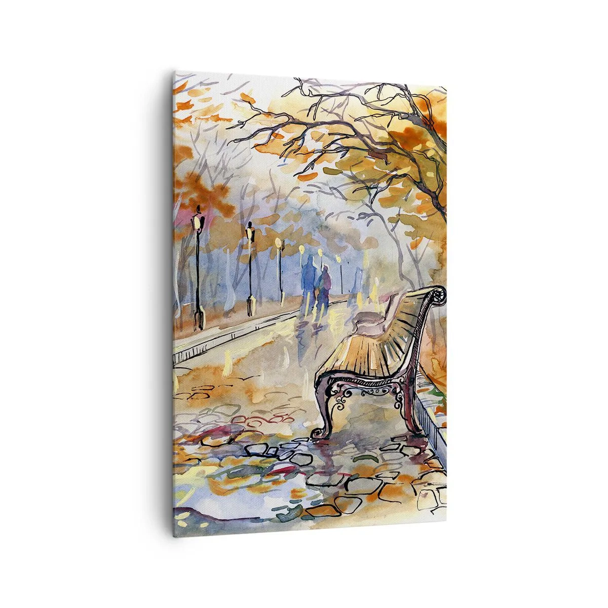 Quadro su tela - Stampe su Tela - Un parco autunnale con una panchina in acquerello - 80x120cm - Passeggiando insieme l'autunno - Decorazione murale moderna per soggiorno e camera da letto ARTTOR