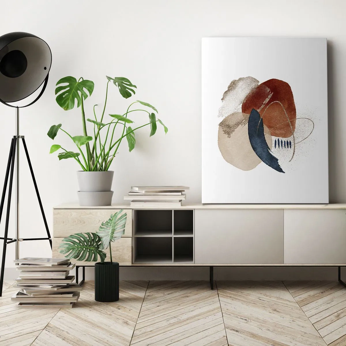 Quadro su tela - Stampe su Tela - Una composizione astratta con macchie nelle tonalità della terra e del blu navy. - 50x70cm - Composizione ovale - Decorazione murale moderna per soggiorno e camera da letto ARTTOR