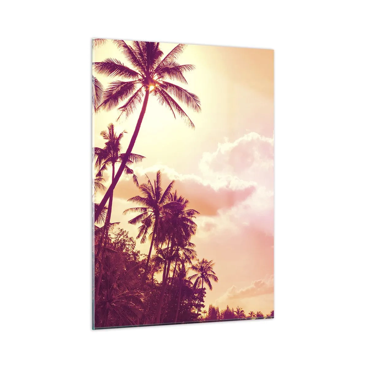 Quadro su vetro - Palme tropicali alla luce del sole al tramonto contro un cielo rosa - 50x70cm - Devi scegliere - Decorazione murale moderna per soggiorno e camera da letto ARTTOR