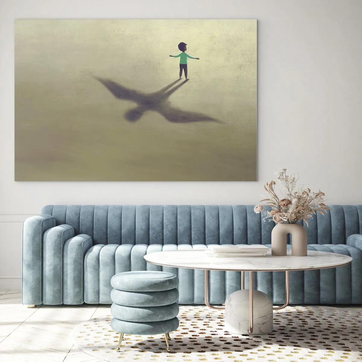 Quadro su vetro - Un ragazzo con un'ombra a forma di uccello su uno sfondo beige - 120x80cm - Eroe del futuro - Decorazione murale moderna per soggiorno e camera da letto ARTTOR