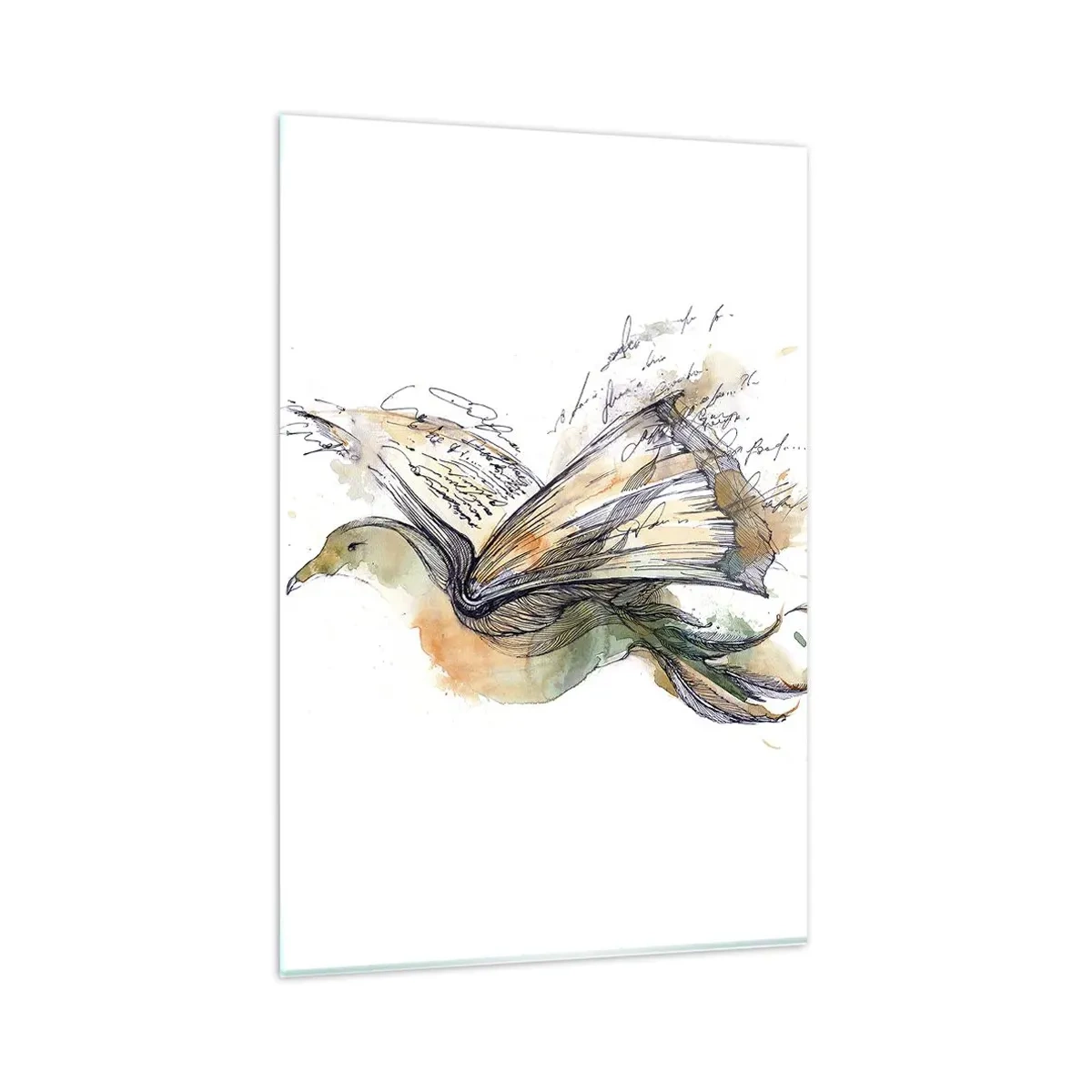 Quadro su vetro - Dipinto artistico ad acquerello di un uccello con un libro come ali - 80x120cm - Sulle ali della poesia - Decorazione murale moderna per soggiorno e camera da letto ARTTOR