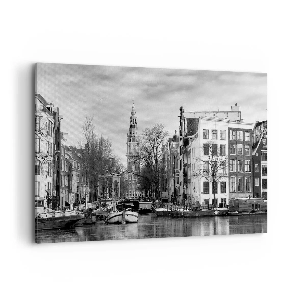 Quadro su tela - Stampe su Tela - Panorama in bianco e nero di Amsterdam con canale ed edifici storici - 100x70cm - Atmosfera di Amsterdam - Decorazione murale moderna per soggiorno e camera da letto ARTTOR