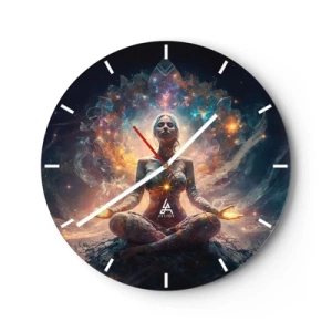 Orologio da parete - Orologio in Vetro - Una donna in meditazione circondata dall'energia dei colori della galassia. - 30x30cm - Un flusso di energia buona - Decorazione murale moderna per soggiorno, cucina e camera da letto ARTTOR