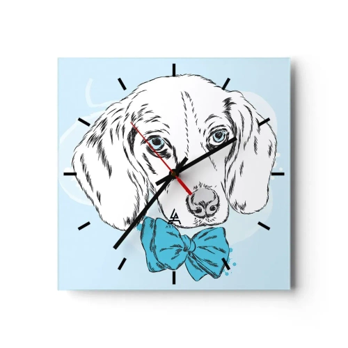 Orologio da parete - Orologio in Vetro - Adorabile grafica di un cane con un papillon su uno sfondo pastello - 30x30cm - Eleganza canina - Decorazione murale moderna per soggiorno e camera da letto ARTTOR